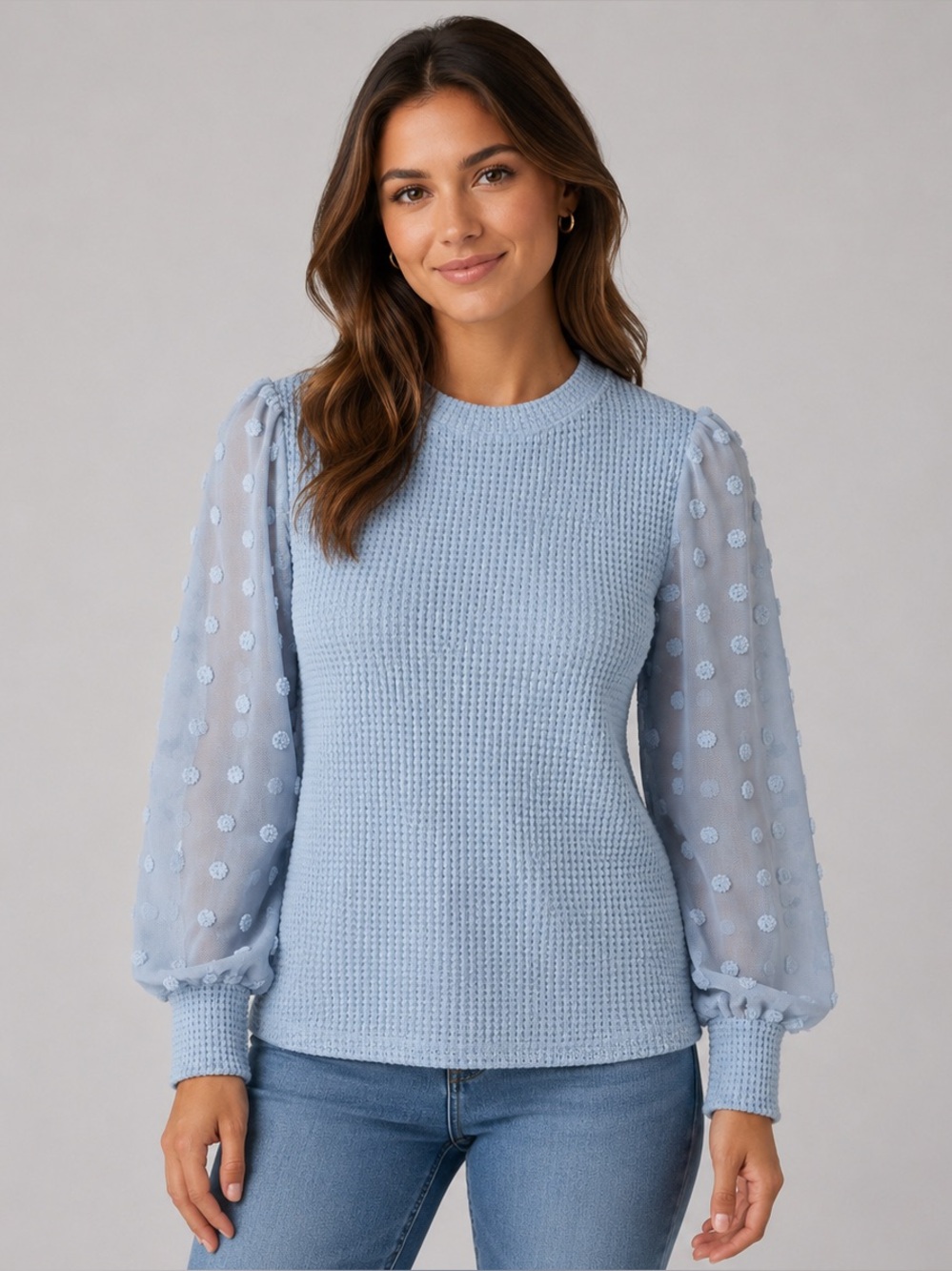 SHEIN Blue Puff-Sleeve See-Through Lace Dot Knit Round-neck Blouse Top